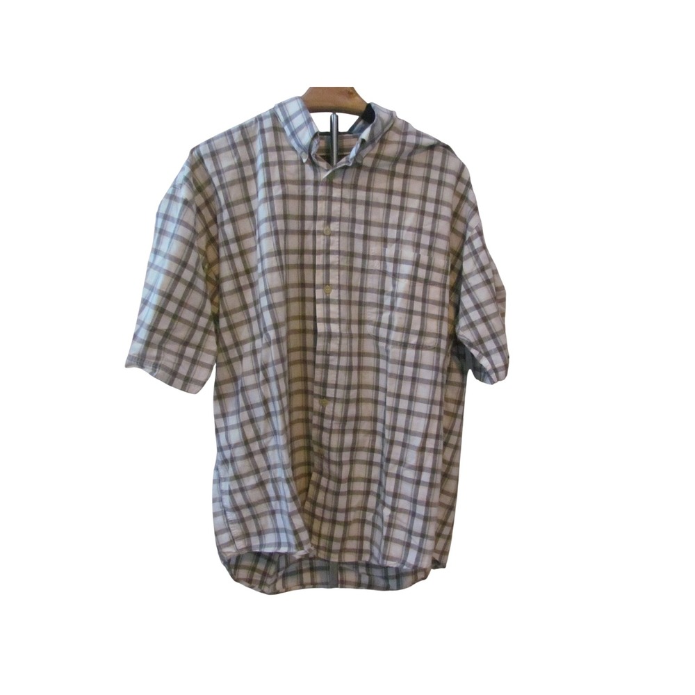Chesterfield Button Down Shirt XL Grey White Plaid Short Sleeve Cotton Chambray